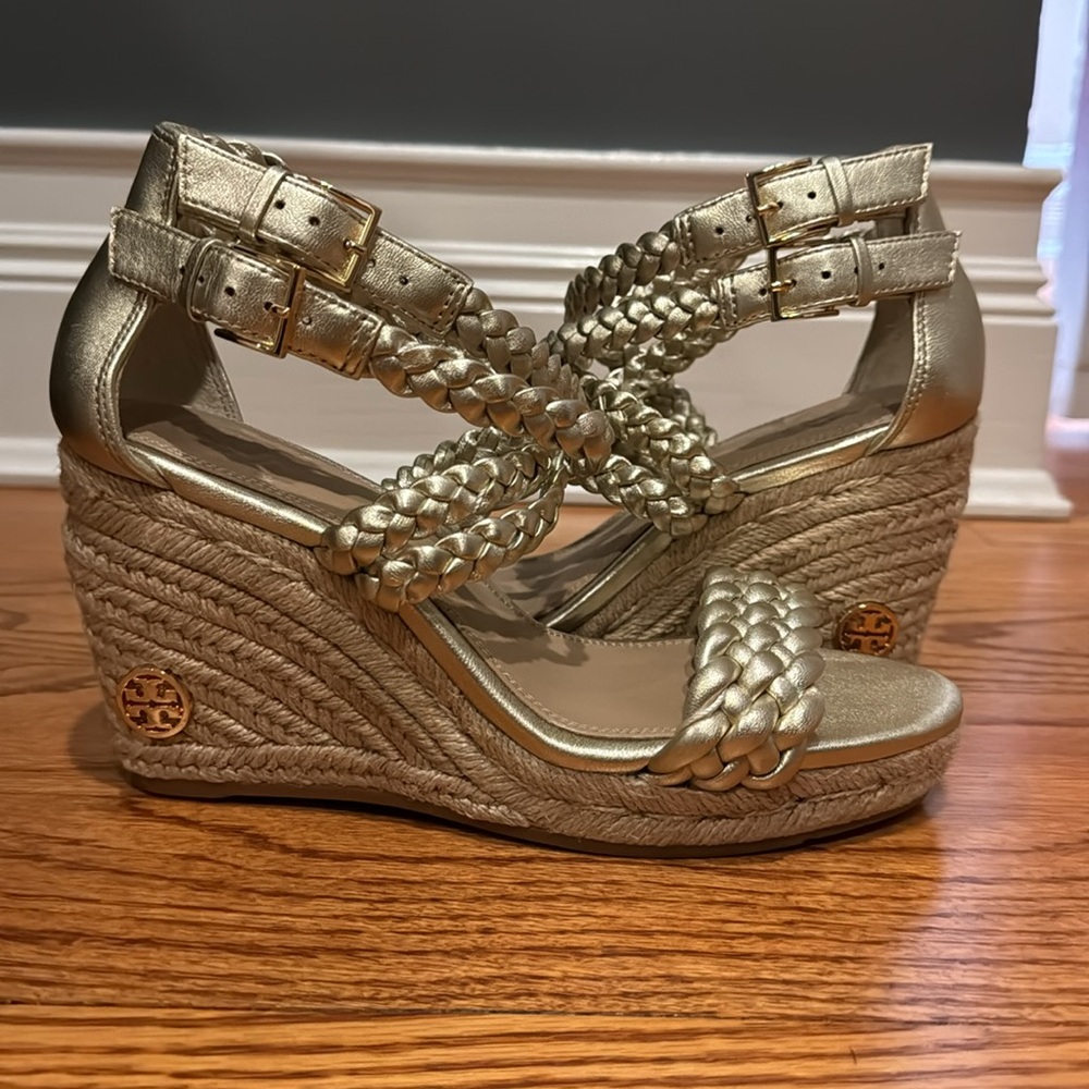 Tory Burch Gold Espadrille Wedge Sandals
